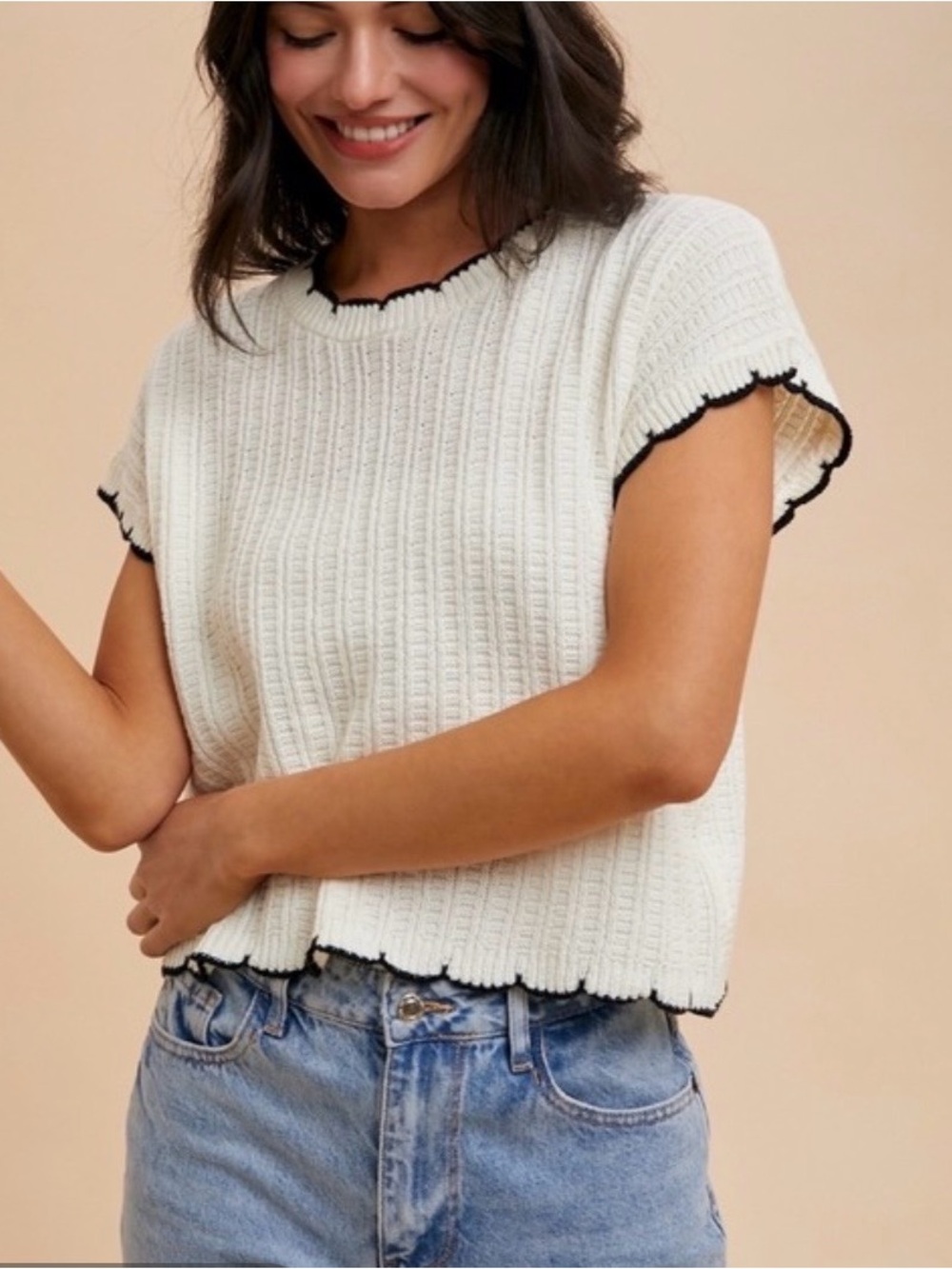 Cream Ribbed Short Sleeve Top with Black Contrast Trim